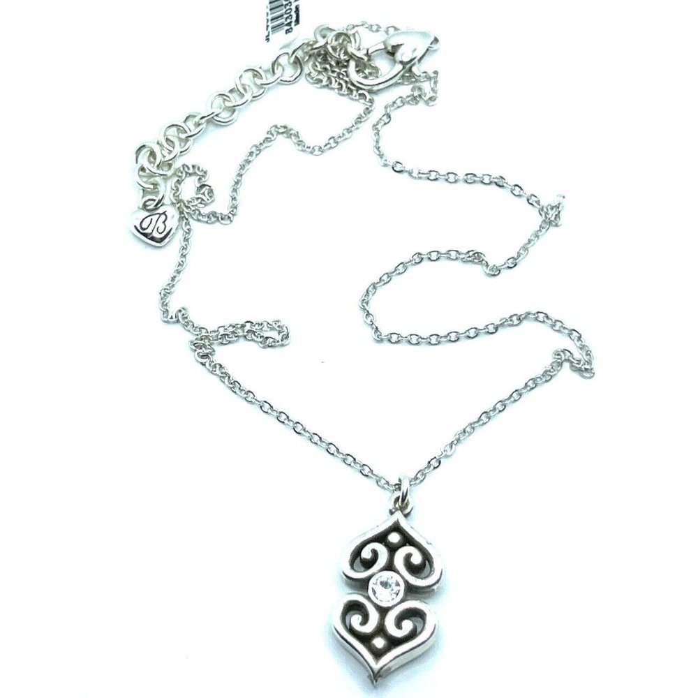 Brighton Alcazar Double Heart Pendant Crystals Toledo Silver Necklace 18" - Picture 6 of 7